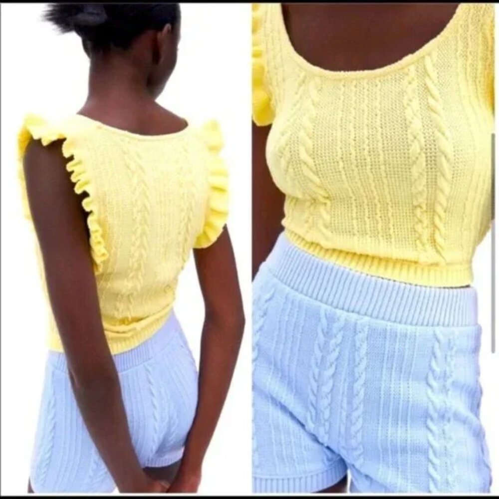 ZARA Yellow Knit Ruffle Sleeve Crop Top - Size M - Picture 3 of 10